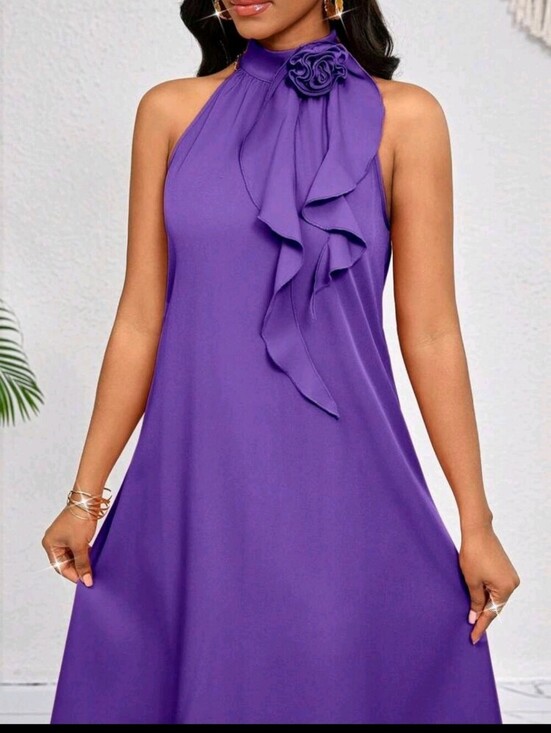 GLAMCO Dresses & Skirts - Purple Halter Maxi Dress with Ruffle Rose Accent MEDIUM